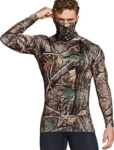 TSLA Men’s Thermal Long Sleeve Compression Shirts, Mock/Turtleneck Winter Sports Running Base Layer Top, Heatlock Face Mask Print Hunting Camo, Large