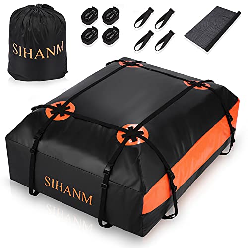 Rooftop Cargo Carrier Bag, 15 Cubic Feet Car Top Carrier, Waterproof Car Roof Bag with Anti-Slip Mat, Door Hooks & Luggage Lock – for All Vehicle with/Without Rack