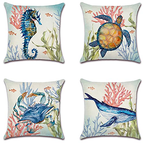 Artscope Set of 4 Waterproof Throw Pillow Covers 18×18 Inches, Marine Life and Pink Coral Pattern Decorative Cushion Covers, Perfect to Outdoor Patio Garden Living Room Sofa Farmhouse Decor