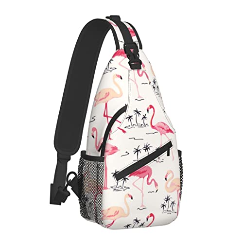 loquehv Lovely Pink Flamingo Palm Tree Sling Backpack Chest Bag Waterproof Crossbody Shoulder Bag, Small Travel Hiking Daypack For Men Women Camping Gym