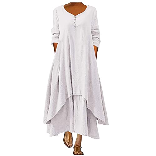 SHENYANGWA Maxi Dresses for Women Summer Plus Size Cotton Linen Button Down Shirt Dress Long Sleeve Casual Loose Pockets White