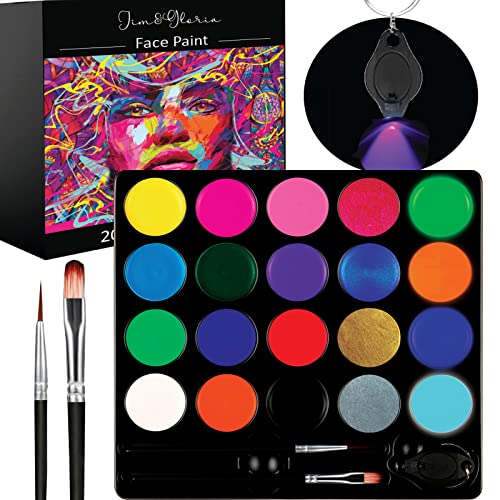 Jim&Gloria DAY AND NIGHT 20 Face Paint Colors Includes 12 Day Colors 4 UV Glow in The Dark 4 Metallic And Brushes – Safe Body Face Painting Kit For Kids Halloween Party Tattoo Skin Makeup Trendy Gift