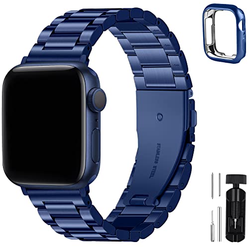 Fullmosa Compatible Apple Watch Band 42mm 44mm 45mm 49mm 38mm 40mm 41mm, Stainless Steel iWatch Band with Case for Apple Watch Series 8/7/6/5/4/3/2/1/SE/SE2/Ultra, 38mm 40mm 41mm Blue