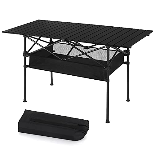 LIANTRAL Camping Table, Portable Aluminum Roll-up Picnic Backpacking Table with Mesh Storage Bag, 46.5” x 26.8” x 21.7”, Black