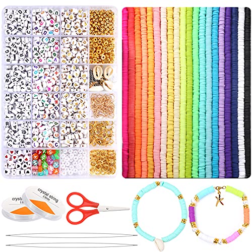 JULBEAR 8835 Pcs Heishi Clay Beads for Bracelet Making Kit Alphabet Letter Flat Bead Jump Rings Charm Gold Beads Flat Pacer Bead Lobster Clasp Earring Hook White Round Pearls for Girls Jewelry Making