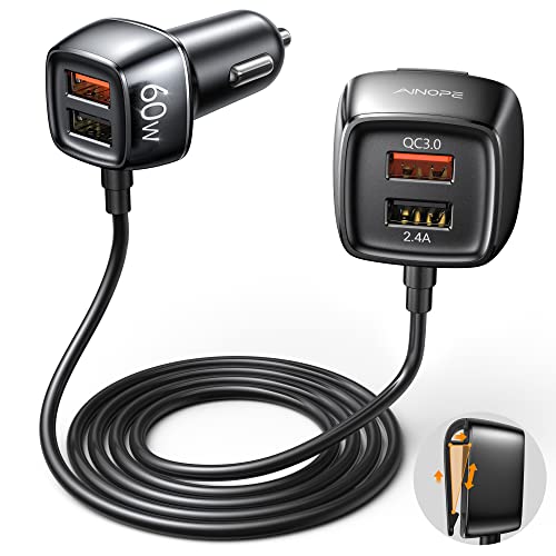 60W USB Car Charger – AINOPE [4 Multi USB Ports] [QC 36W] Fast Car Charger Adapter[5FT Cable] QC 3.0 Cigarette Lighter Adapter Back Seat Charging for iPhone Samsung iPad MacBook Fire Tablet and More