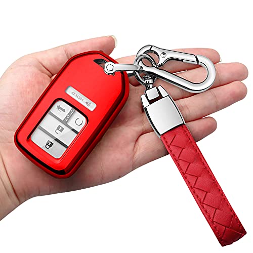for Honda Key Fob Cover with Leather Keychain Soft Protector Key Shell Case Key Chain Compatible with Civic Accord CR-V HR-V Fit Odyssey JED Crosstour Crider Keyless Smart Key Cover -Red