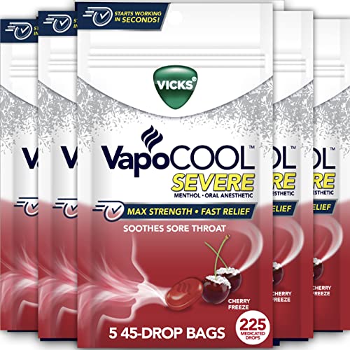 Vicks VapoCOOL SEVERE Medicated Sore Throat Drops, Fast-Acting Max Strength Relief, Soothes Sore Throat Pain Caused by Cough, Powerful Vicks Vapors, Menthol, Cherry Freeze Flavor, 225ct (5 45ct packs)
