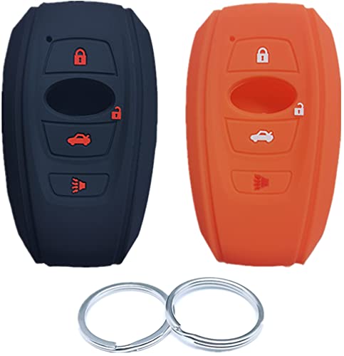 RUNZUIE 2Pcs 4 Buttons Silicone Smart Key Fob Remote Cover Shell Compatible with 2021-2015 Subaru Outback Legacy Impreza Forester XV Ascent Crosstrek Impreza BRZ WRX Sti Orange/Black with Red