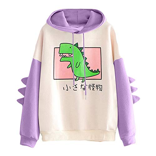 Womens Dinosaur Hoodie Cute Sweatshirts Stitching Color Drawstring Pullover Casual Kawaii Cartoon Tops Purple