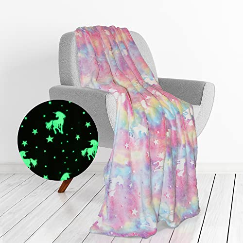 Stolphi Glow in The Dark Unicorn Throw Blanket for Girls, Kids, Teens, Premium Super Soft Plush Microfiber, Fun Gift for All Occasions (Rainbow Pink)