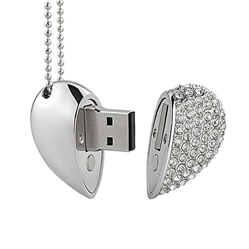 WooTeck 64GB Crystal Loving Heart Shape Jewelry USB Flash Drive Memory Stick with Necklace,Silver