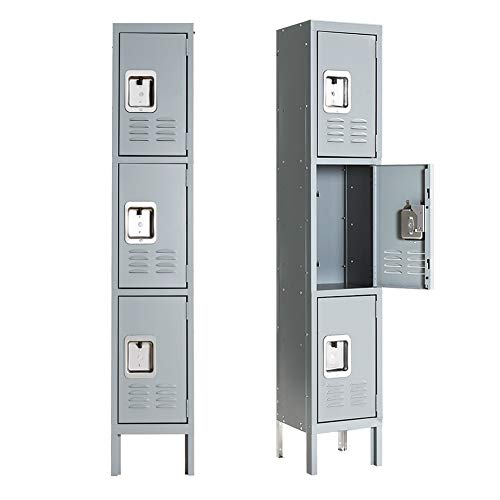 Greenvelly 3-Tier Metal Locker Steel Employees Lockers for Office, Metal Storage Locker Cabinet with Louvers, 3 Door Locker for Employee Gym,Home,School (Grey)