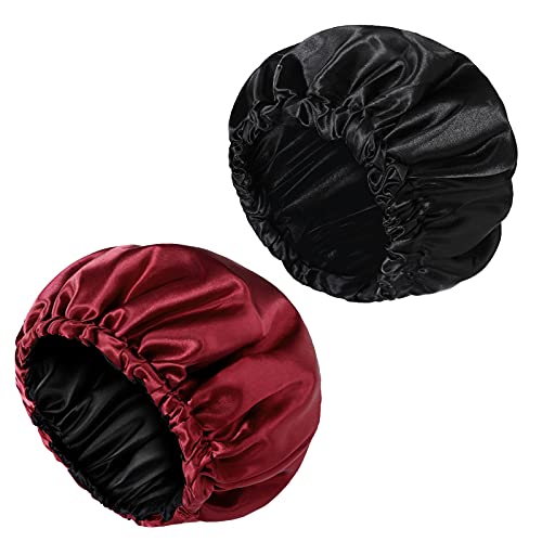 Hetiancha 2 Pieses Satin Bonnet Adjustable Sleep Cap for Women Girls Reversible Double Layer Large Sleep Cap