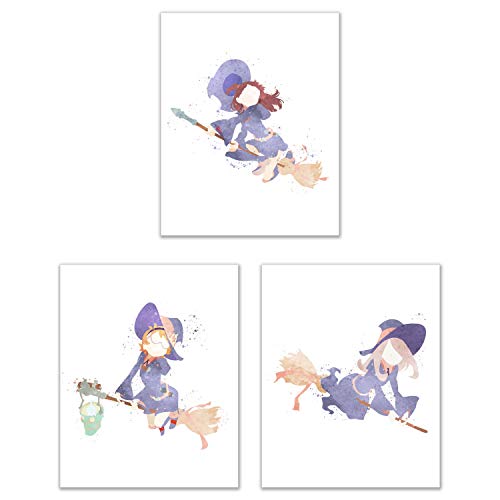 Watercolor Little Witch Academia Poster Prints – Set of 3 (8×10) Anime Manga Video Game Wall Art Decor – “Akko” Atsuko Kagari – Lotte Jansson – Sucy Manbavaran