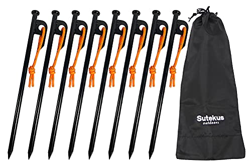 Sutekus Metal Tent Stakes with Reflective Pull Cord Heavy-Duty Forged Steel Tent Pegs Solid Tent Anchors and Camping Spikes for Camping Hiking Outdoors (8″/8PCS)