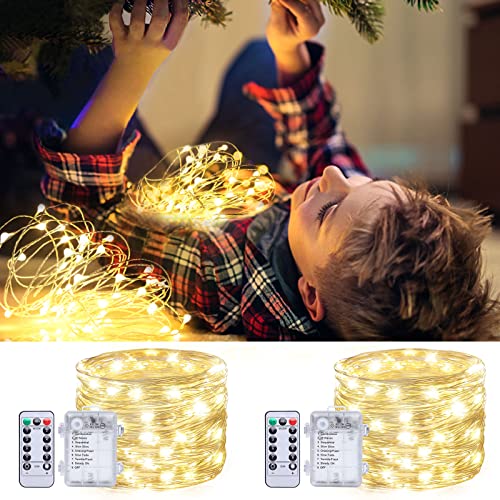 2 Packs Fairy Lights Battery Operated, 16.5 FT 50 LEDs Christmas String Lights Remote Control Timer Twinkle String Lights 8 Modes Silver Wire Firefly Lights for Garden Party Indoor Decor-Warm White