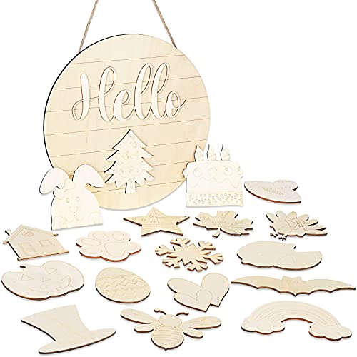 Jetec 12 Inch Round Wooden Discs DIY Wood Circles for Crafts Blank Wood Rounds with 18 Seasonal Interchangeable Kits Wooden Rounds for Crafts Welcome Wood Signs for Front Door Holiday Decoration