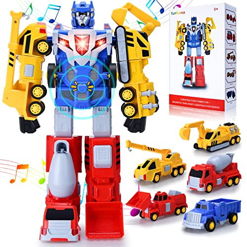 funlarea Toys for 3 4 5 6 7 8 Year Old Boys, Construction Vehicles Transform Robot Kids Toys, STEM Building Toys for Kids Ages 3-8, 5-in-1 Trucks Car Gifts for Boys Girls
