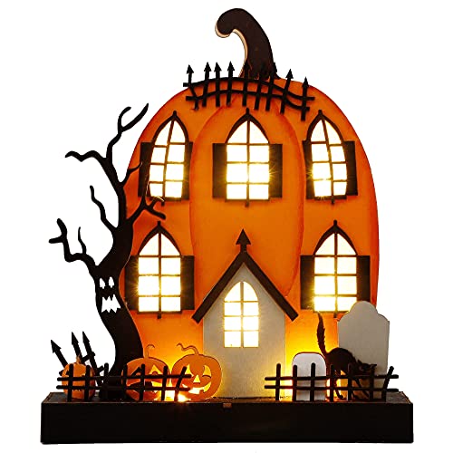 DR.DUDU Halloween Tabletop Figurines, 9 x 8 Inches Lighted Pumpkin House Ornament, Ghost Tree Wooden Sign for Indoor Home Party Décor