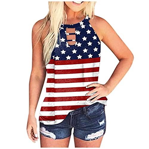 Tank Top for Women Halter Independence Day Sleeveless Vest Cut Hollow Out Keyhole Back Tee Summer Blouse Shirt 4 fo July