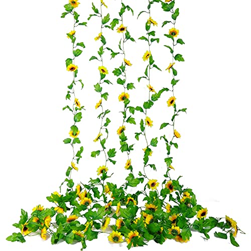 Artificial Sunflower Garlands Hanging Sunflower Vine 5pcs 7.8FT Silk Sunflowers with Green Leaves for Wedding Party Garden Home Decor