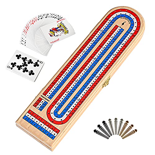 ropoda Cribbage Board Game, Classic 3 Track Board with 9 Cribbage Pegs, A Deck of Playing Cards and Storage Area, Portable and Foldable Wooden Board Game