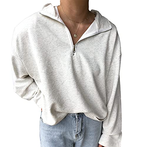 YEMOCILE Women Half Zip Lapel Sweatshirt Solid Color Casual Oversized Long Sleeve Crop Top Pullover Lightgrey