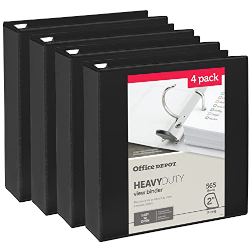 Office Depot® Heavy-Duty View 3-Ring Binder, 2″ D-Rings, Black, 49% Recycled, Pack Of 4