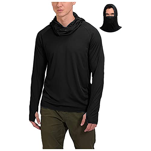 Mens Fishing Shirts Long Sleeve for Men UV Protection Hoodie Cool Dry Workout T-Shirt Swim Running Hiking Black