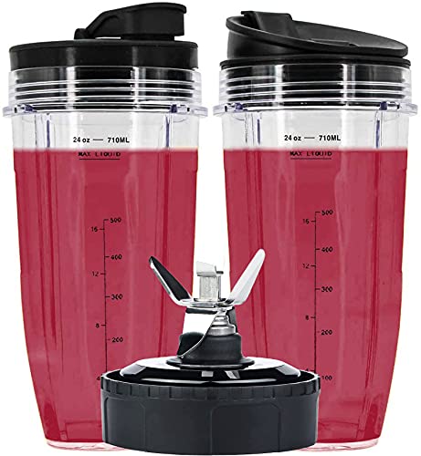 24 oz Cups Compatible with Nutri Ninja Auto IQ Series Blender, Pro Replacement Parts with 2 Type Lids, 7 Fins Extractor Blade, Compatible for BL450-30, BL456-30, BL481-30, BL482-30, BL487, NN100 etc