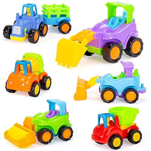 3 otters 6PCS Friction Powered Cars for Toddlers, Push and Go Construction Vehicles Toys Set, Tractor Bulldozer Dump Truck Cement Mixer Toys for Toddlers 1-3
