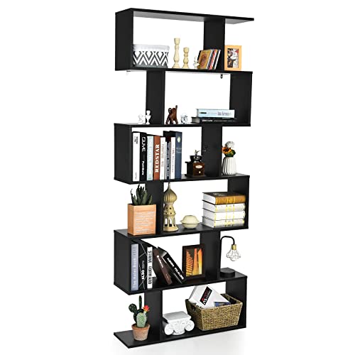 Tangkula 6 Tier S Shaped Bookshelf, 31.5”L x 9”W x 75”H, Wooden Bookcase and Bookshelves w/Anti-Toppling Device, Room Divider Display Shelves for Living Room, Home Decor, 6 Shelf Bookshelf