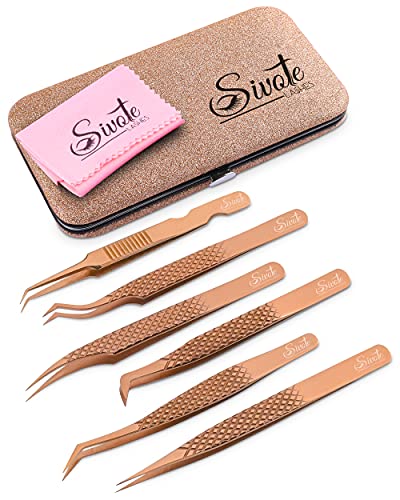 SIVOTE 6-Pack Professional Lash Tweezers for Eyelash Extensions Japanese Steel, Rose Gold