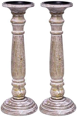 Hosley Set of 2 Wood Candlestick for Pillar Wax Candles / Flameless Candle 14″ High . Distress Finish Candleholder. Ideal Gift for Wedding, Home, Spa, Reiki, Aromatherapy, Votive Candle Gardens O3