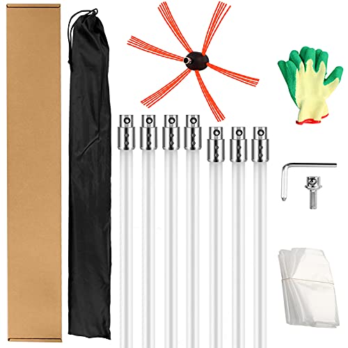 Suninlife Chimney Sweep Kit, 23FT Chimney Cleaning Kit with 7 Nylon Flexible Rods, Rotary Drill Drive Chimney Brush Kit for Cleaning Fireplace (Including 1 Glove, 1 Sealing Plastic Sheet)