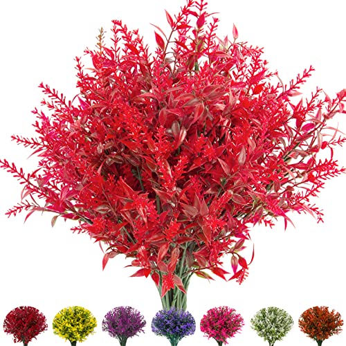 NOV FIRE Artificial Lavender Flowers,10 Bundles Artificial Flowers Outdoor,UV Resistant Fake Flowers,Outdoor Plastic Faux Flowers Shrubs for Indoor Outdoor Home Garden Decorations(Red)
