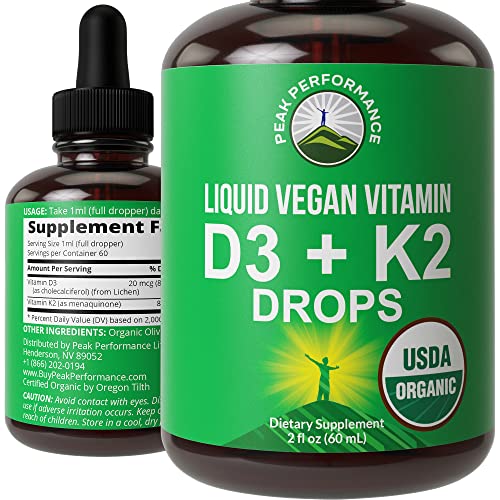 Peak Performance USDA Organic Vegan Liquid Vitamin D3 with K2 Drops Best D + K Mk7 Supplement for Adults, Kids, Men, Women. Gluten Free, Keto, Natural Liquids, Vitamins for Max Absorption.
