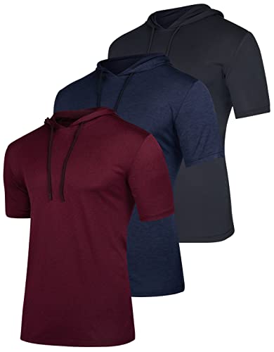 3 Pack: Mens Dry Fit Moisture Wicking Short Sleeve Active Athletic Hoodie Pullover Sweatshirt Workout Running Fitness Gym Sports Casual Tee Outdoor Summer Hiking Beach Outfit- Set 1 , XL