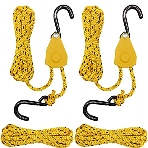 FishYuan 1/4″ Kayak and Canoe Ratchet Tie Down, Rope Hoist Pulley Hoist, with 10′ Solid Braided Polypropylene Rope, 150lb Weight Capacity