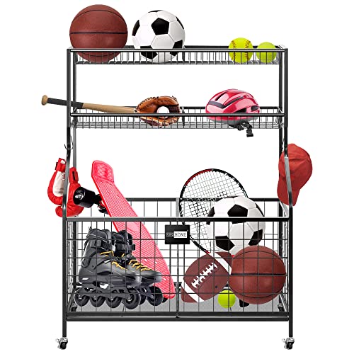 VIVOHOME Garage Sports Equipment Organizer, Sports Ball Storage Rack, Steel Rolling Sports Gear Storage Cart with Baskets and Hooks, Black