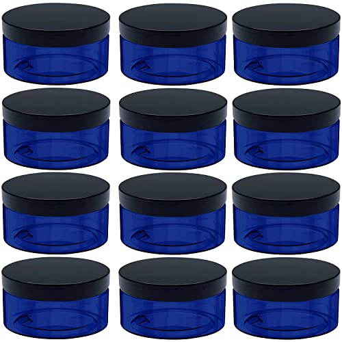 5 Ounce Blue Plastic Cosmetic Jars, Wide Mouth Refillable Containers with Lids for Creams, Lotion, Ointments, Make Up, Bath Salt and Body Butter, 12 Pcs