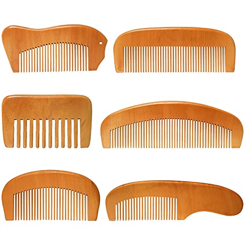 6 Pieces Handmade Wooden Comb Wood Hair Comb Wooden Beard Comb Natural Green Sandalwood Wide and Fine Teeth Comb Set with Anti Static and No Snag Handmade Brush for Kids, Women and Men (Cute Style)