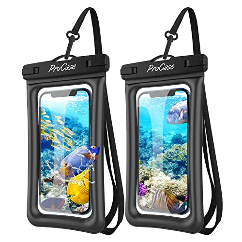 ProCase Floating Waterproof Phone Pouch Waterproof Phone Case, Float Water Proof Cell Phone Pouch Underwater Dry Bag for iPhone 14 13 12 11 Pro Max XS XR X, Galaxy S21 Pixel Up to 7.0″ -2 Pack, Black