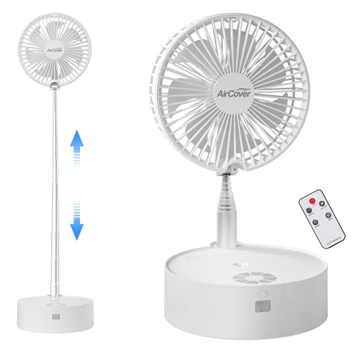 AirCover 2021 8-Inch Foldaway Oscillating Fan with Remote Control, 3-Speed, Cordless Rechargeable Standing Portable Pedestal Fan, 7200mAh Battery Operated Fan for Home Office Outdoor Camping Travel