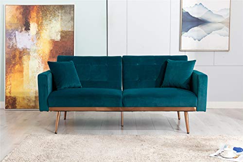 NOSGA Velvet Sofa, Modern Sleeper Sofa Couch, Convertible Loveseat Futon Sofa Bed Rose Gold Metal Feet with 2 Pillows for Living Room Bedroom(Teal)