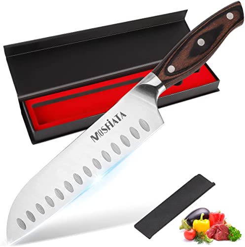 MOSFiATA Santoku Knife 7 Inch Kitchen Cooking Knife, 5Cr15Mov High Carbon Stainless Steel Japanese Chef Knife with Ergonomic Pakkawood Handle, Full Tang Vegetable Meat Cutting Knife with Sheath