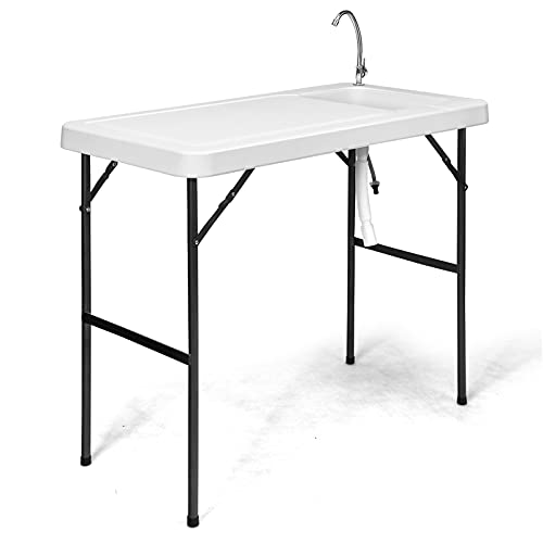 PETSITE Fish Cleaning Table, Portable Camping Sink with Faucet, Outdoor Picnic Foldable Washing Table, White