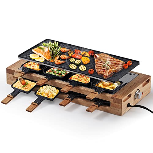 Indoor Grill COKLAI Raclette Grill Table Electric Grill Reversible Non-stick Plate Korean BBQ Grill Wooden Base Cheese Raclette with 8 Trays and Wooden Spatulas Adjustable Temperature Dishwasher Safe