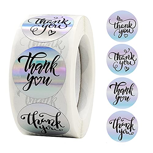 1.5 Inch Holographic Thank You Stickers Roll，500pcs Irridescent Self-Adhesive Thank You Labels Stickers for Supporting My Small Business Boutiques Shop Wrapping Supplies